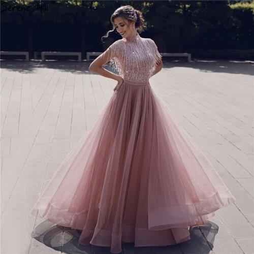 Pink Tassel Beading A-Line Tulle Prom Dresses 2020 High Collar Short Sleeveless Prom Gowns Serene Hill BLA60997
