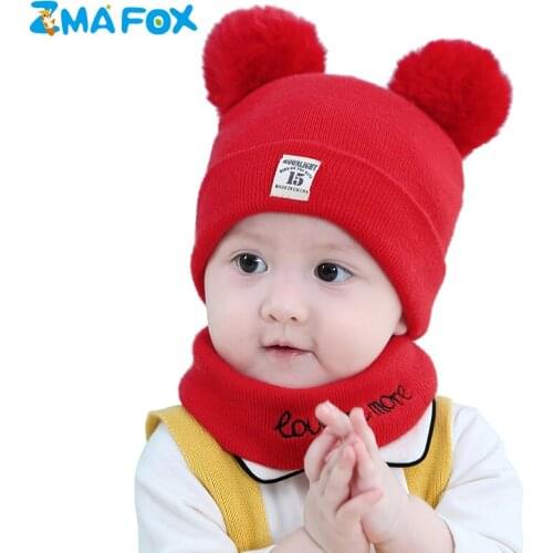 ZMAFOX Newborn Baby Boys Girls Beanie Hats Pom Poms Winter 0-12 Months Toddlers Kids Caps Scarf Suits Children Neck Warmer