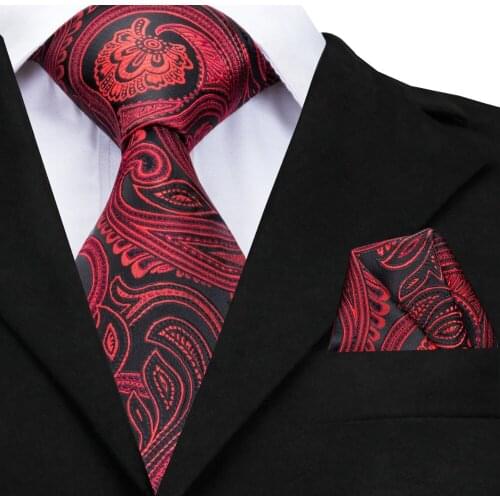 Hi-Tie Large Mens Tie 160cm Long 9cm Wide Fashion Red Paisley Wedding Party Silk Ties Hanky Cufflinks Set Ties for Men GP-012