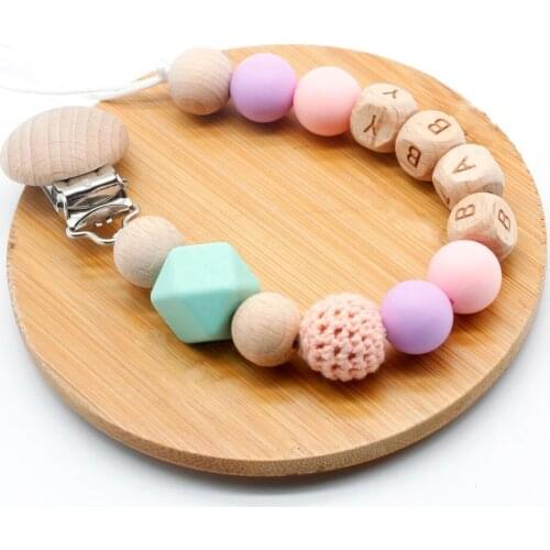 1PC Custom Name Personalised Beads Dummy Clip Pacifier Chain Holder Natural Organic Crochet Wood Baby Newbor Shower Gift