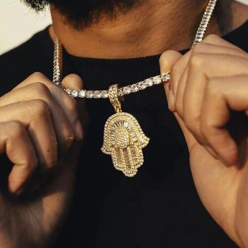 Iced out bling 5A baguette cz paved hamsa hand pendant necklace for hip hop men fashion 5mm tennis chain wedding party jewelry