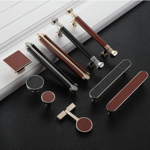 PU Leather+Zine Alloy Handles Drawer Cabinet Knobs Kitchen Door Handle Cupboard Wardrobe Pull Handles Furniture Fittings