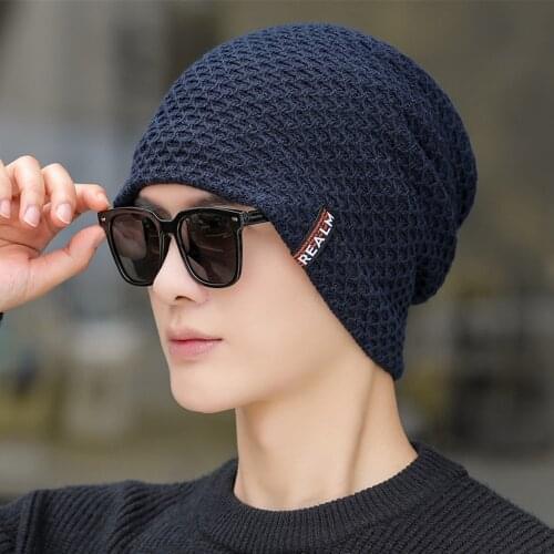 New Mens Winter Knitted Hat Fashion Soft High Quality Add Fur Lined Cap Male Protective Warm Hat