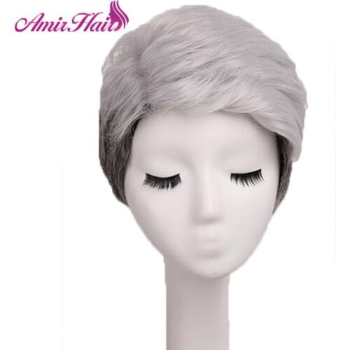 Amir Short Silver Grey Wig Mens Short Synthetic Hair Wigs Straight for Man