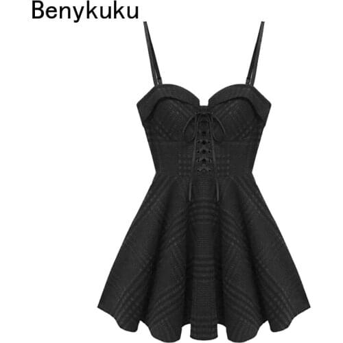 Women Gray Plaid Pleated Mini Dress Spring Autumn Sexy Sling Strap Backless Rock Punk Dress Gothic Girls Female Short Dresses