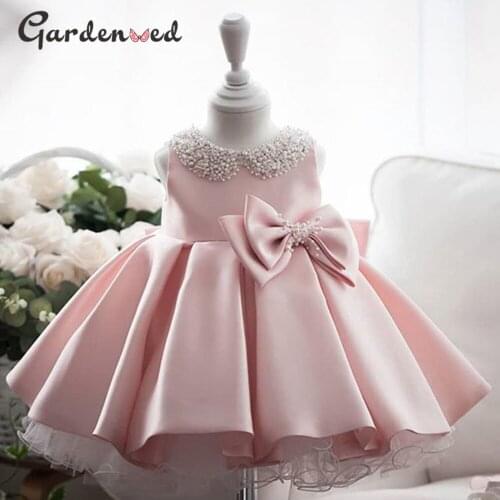 Puffy Pink Kids First Communion Dresses Pearls Collar Girl Pageant Dresses Satin Bow Layers Little Bride Dress Flower Girl Dress