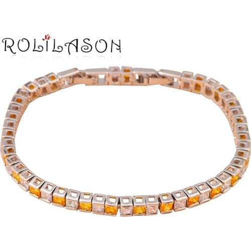 ROLILASON graceful cubic design square cut yellow crystal Zircon Silver Bracelet women fashion jewelry vintage style TB713
