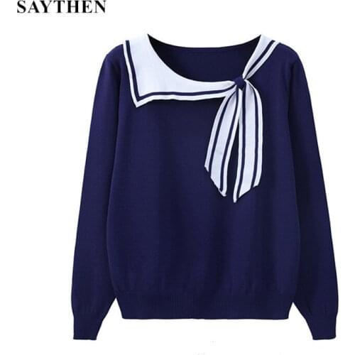 SAYTHEN Woman Shirts Autumn Womens Bow-Knot Striped Sailor Bow Collar Long Sleevese Shirt Girls Students Shirt Tops Ladies