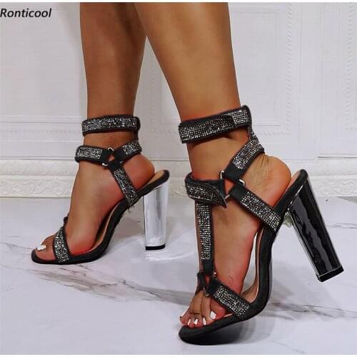 Ronticool New Handmade Women Gladiator Sandals Rhinestone Strappy Block Heel Open Toe Gorgeous 6 Colors Party Shoes US Size 5-15