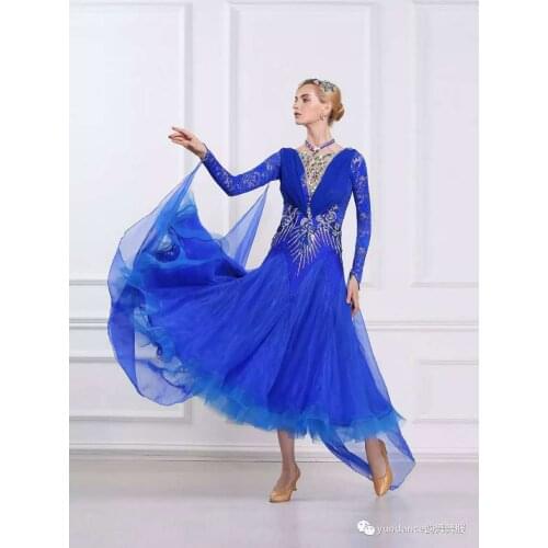 Blue color standard ballroom Waltz tango Fox trot Quick step lace Ballroom Modern competition Dress