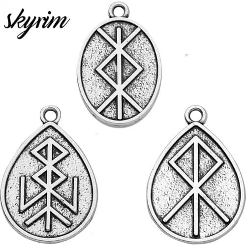 Skyrim 10pcs Scandinavian Norse Runes Letter Charms Vikings Drop-shaped/Oval Pendants Amulet Jewelry For DIY Necklaces Making