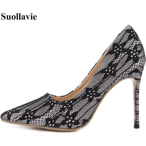 Suollavie Spring 2021 Lace Floral Women shoes Classic office High Heel for Ladies Slip-on Shallow femmes chaussures Female Pumps