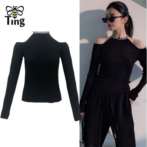 Tingfly Spring Autumn Women Sexy Hot Black Knitting Pullovers Tops Slim Cold the Shoulder Crystal Link Decor Sweaters Traf Za