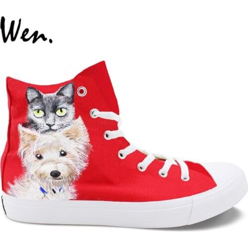Wen Original Custom Hand Painted Design Red Shoes Toy Group Pet Dog Cat High Top Womens Canvas Sneakers Skateboard Mens Shoes