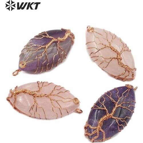 WT-P1460 Natural Stone Pendant Purple/Pink Color Rose Stone With Brass Color Tree of Life Wire Wrap Water Drop Fashion Pendant