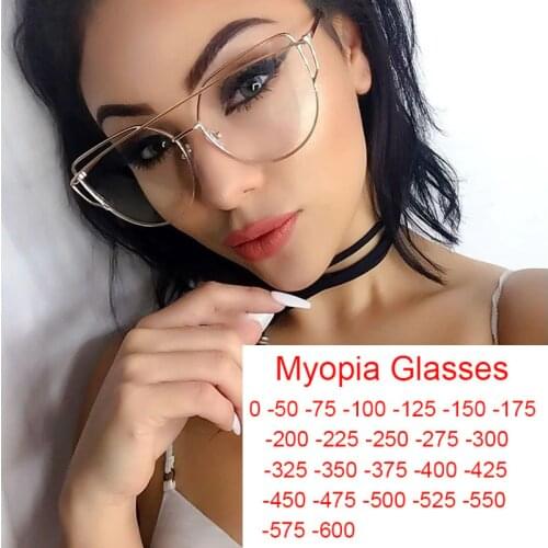Cat Eye Glasses for Women Alloy Anti Blue Light Myopia Glasses Clear Lens Luxury Spectacle Frames Anti-Reflective Glasses -1 -6