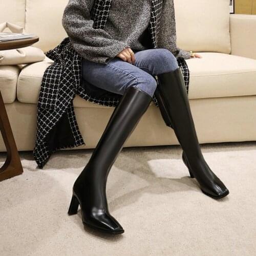 Oil PU black olive zipper knee high boots for woman square toe thick high heels sexy booties womens winter office boots size 48