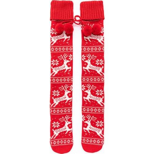 Female Winter Stocking Christmas Deer Print CASUAL Long Tube Socks for Women Red