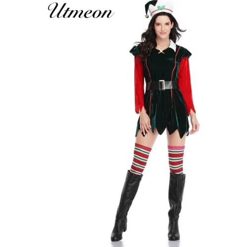 Adult Cosplay Santa Claus Womens Green Red Velvet Sexy Christmas Costumes Xmas Sexy Santa Dress Costume
