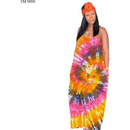 CM.YAYA women summer tie dye black hole print sleeveless spaghetti strap loose beach maxi dress sexy party classic long dresses