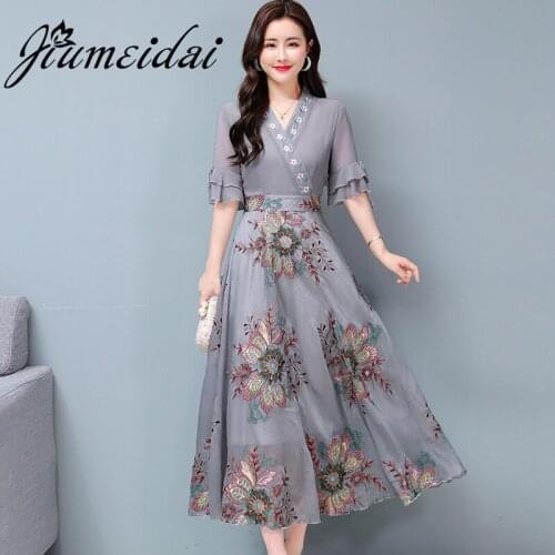 JiuMeiDai 2021 Women Summer Elegant A-Line Dress Office Lady Party Embroidery Robe Femme Vintage Designer Chiffon Party Clothing
