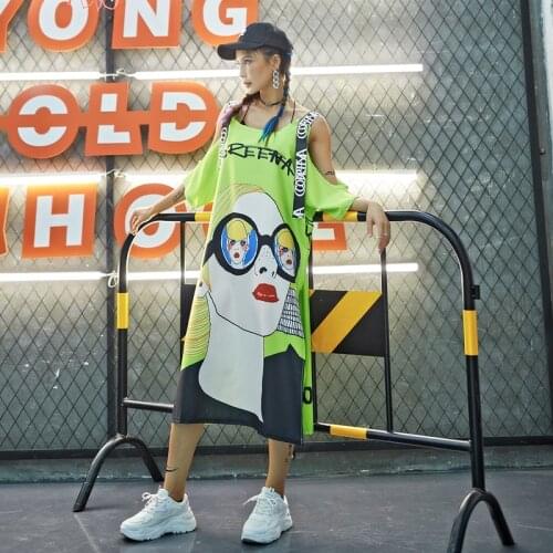 Off Shoulder Cartoon Funny Dress Women Summer Loose Spaghetti Strap Sleeveless Street Style Dresses Green