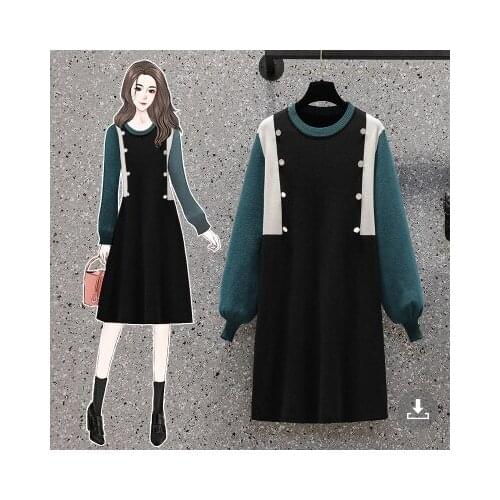 WTIANYUW 2021 New Plus Size Loose Women Knitting Dress 2021 Autumn Patchwork Black Dress Ladies Long Sleeve