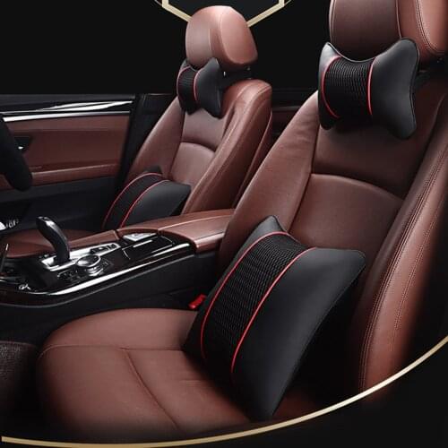 1Pcs PU Leather Knitted Car Pillows Headrest Neck Rest Cushion Support Seat Accessories Auto Black Safety Pillow Universal Decor