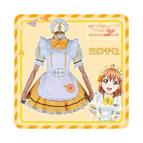 Anime lovelive sunshine Aqours Takami Chika Cosplay Costume Restaurant cafe dessert stripe maid outfit