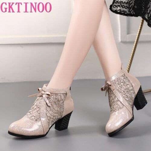 GKTINOO Fashion Rhinestones Gauze Sandals Summer New Mesh Boots Genuine Leather Womens Shoes Hollow Boots Large Size 40-42