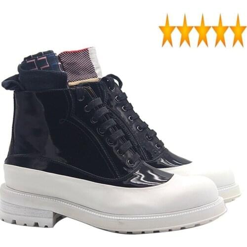 Oxford Black White Panelled Men Lace Up Cow Leather Boots Work High-Top Shoes Thick Bottom British Cowboy Botas