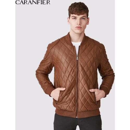 CARANFIER New Men High Quality Leather Jacket Plaid Male Fashion Warm Black Casual Businessmen Style Motorcycle Jacket Men