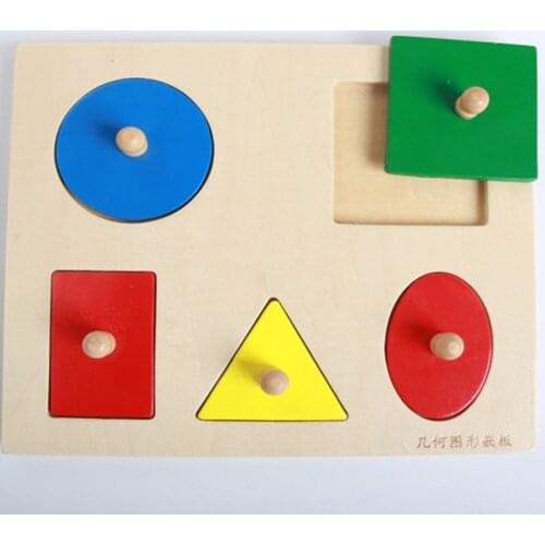Wooden Mathematics Toys Geometry Shape Insets 5 pieces Colorful Round Triangle Square Rectangular Knobs