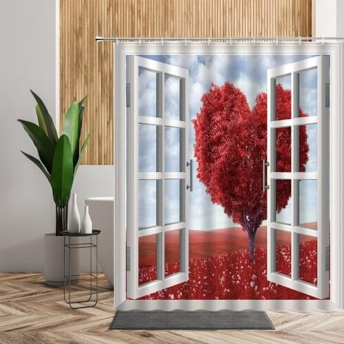 Heart-Shaped Tree Shower Curtain Open Window Flower Scenery Bathroom Decor 3D Creative Landscape Backdrop Cloth Printed Curtains