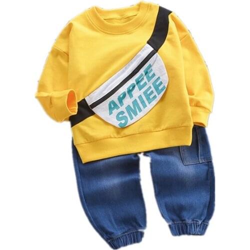 Boys' denim two-piece baby backpack set childrens clothing round neck suit