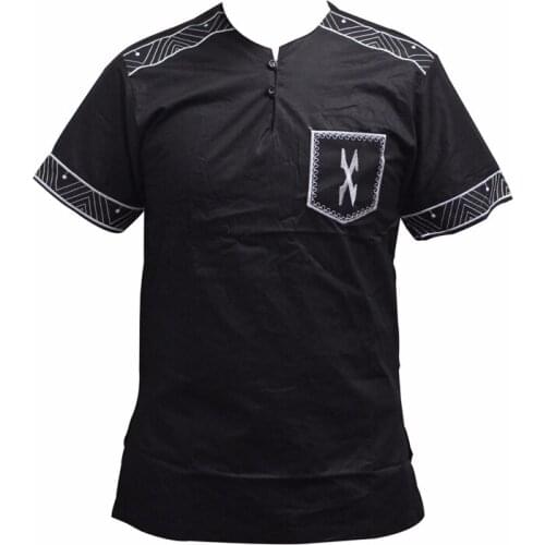 Black Mens Top Embroidery Print Pocket Mandarin Collar Button African Short Sleeve Cotton Solid T-shirt for Men