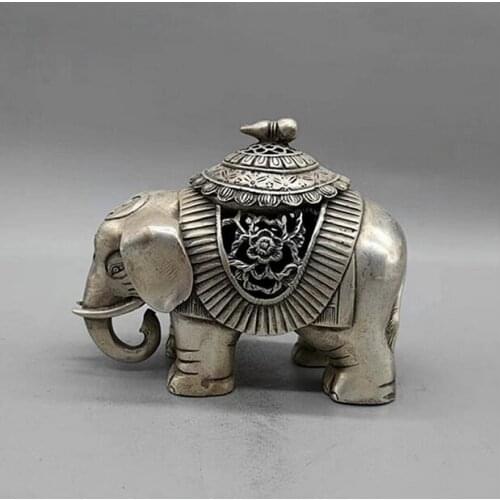 Chinese Buddhism Temple Silver Auspicious Elephant Statue Incense Burner Censer