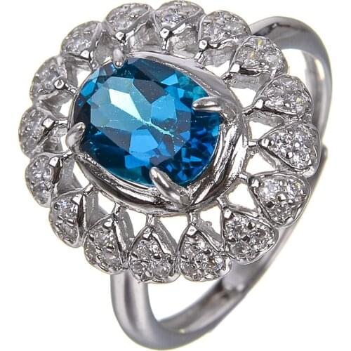 Sterling Silver 925 100% Genuine Blue Topaz & White Topaz Ring Wedding Unique Fine Jewelry Ring