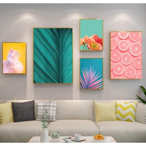 Colorful Pictures For Living Room Home Decor Tropical Plants Nordic s Palm Leaf Flower Orange Cat Wall Art Canvas Painting