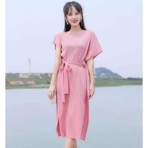 HOT SELLING Miyake fold short sleeve fashion slash neck solid Straight belt loose dress IN STOCK
