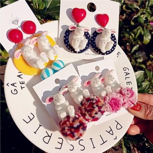 Cute Hair Ball Rabbit Drop Earrings for Women Girl Fashion Unusual Ear Rings Jewelry Harajuku Animal Dangle Earring Gift Party
