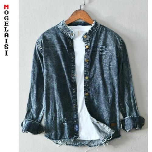 Fashion Denim shirt men 100% cotton high quality Stand collar man tops Printed shirt chemise homme Asian size XXL 833