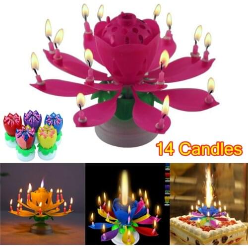 Birthday Cake Music Candles with 14 Candles Lotus Flower Christmas Festival Decorative Music Wedding Party