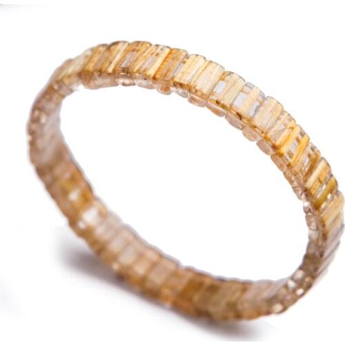 Genuine Gold Natural Rutilated Quartz Bracelets For Women Female Stretch Rectangle Bead Crystal Bracelet Bangles 8*4mm