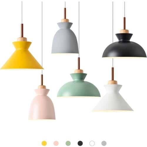 Nordic 1/3 Heads Wood Pendant Lights Macaron Aluminum Modern Lamp Shade Pendant Lamp for Kitchen Restaurant Hotel Cafe Bar