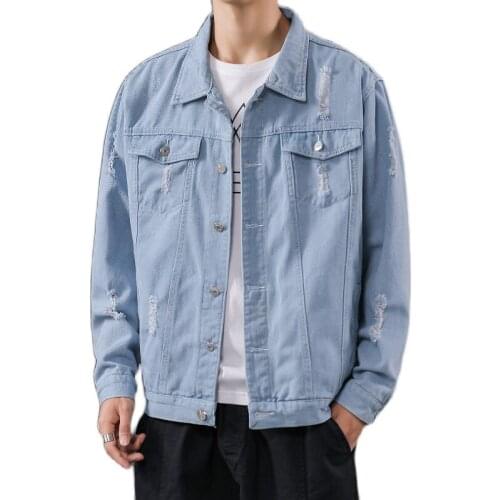 New mens jacket fashion ripped mens denim jacket mens casual denim clothes