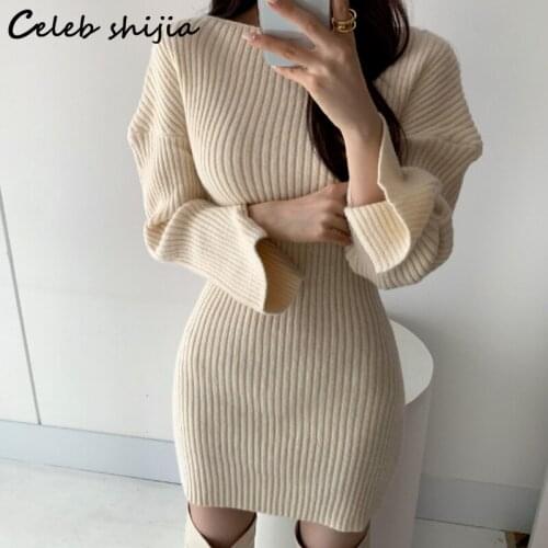 SHIJIA Autumn Apricot Knitted Dress Female O-neck Elegant Mini Bodycon Dress Korean Style Slim Waist Sweater Dresses Ladies