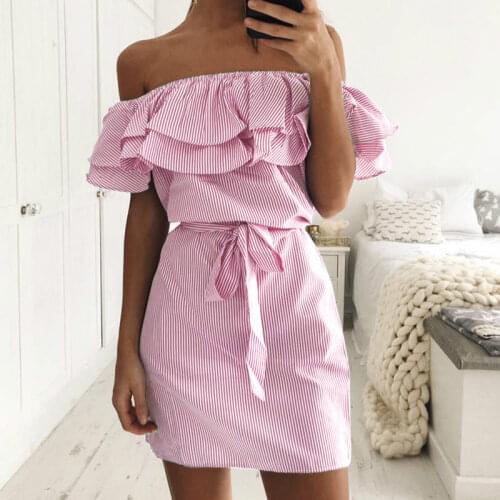 Women Dresses Cheap Cloth Striped Sashes Summer Dress Ruffle Collar 2021 Bandage Sundress Casual Sexy Vestidos De Festa