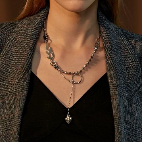 Hollow Flame Heart Double Necklace for Women Punk Silver Color Beads Chain Pendant Neck Hip Hop Fashion Trend Jewelry New 2021
