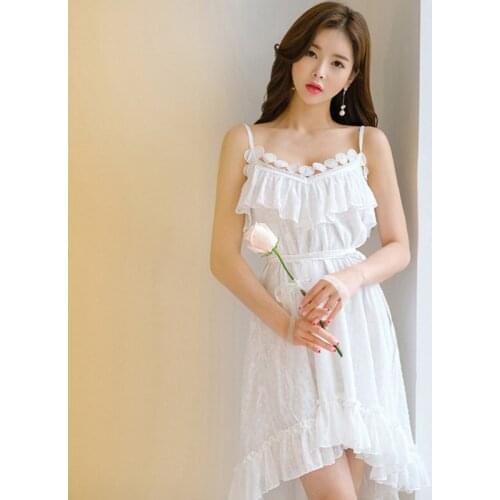 New arrival fashion sexy strap chiffon dress women elegant summer ruffle beach temperament casual white asymmetrical dress